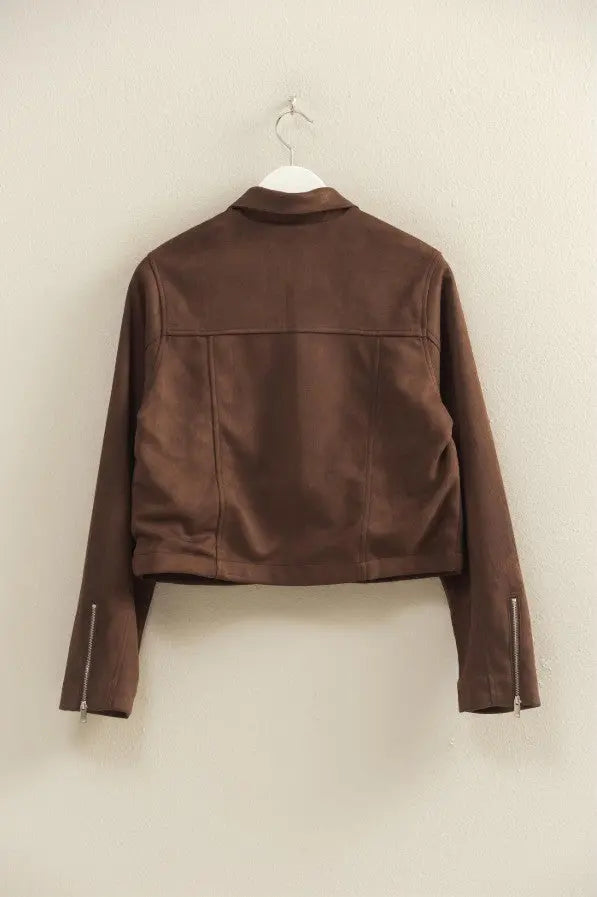 The Tiny Details Espresso Suede Zip Up Collared Jacket