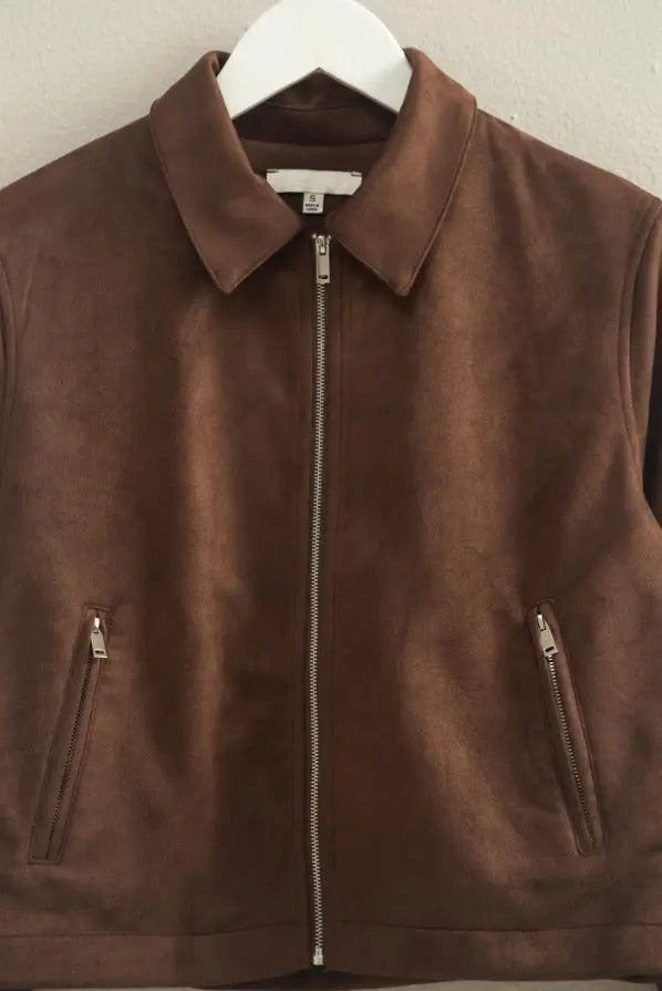 The Tiny Details Espresso Suede Zip Up Collared Jacket