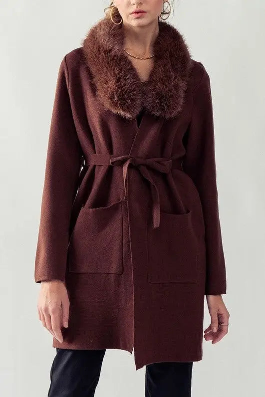 Faux Fur Collar Chocolate Sweater Coat - Shop Tiny Details