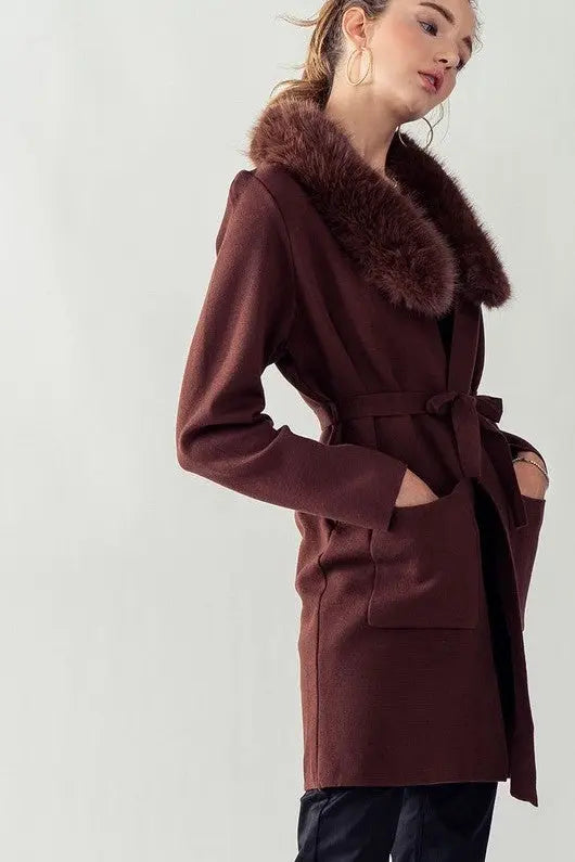 Faux Fur Collar Chocolate Sweater Coat - Shop Tiny Details