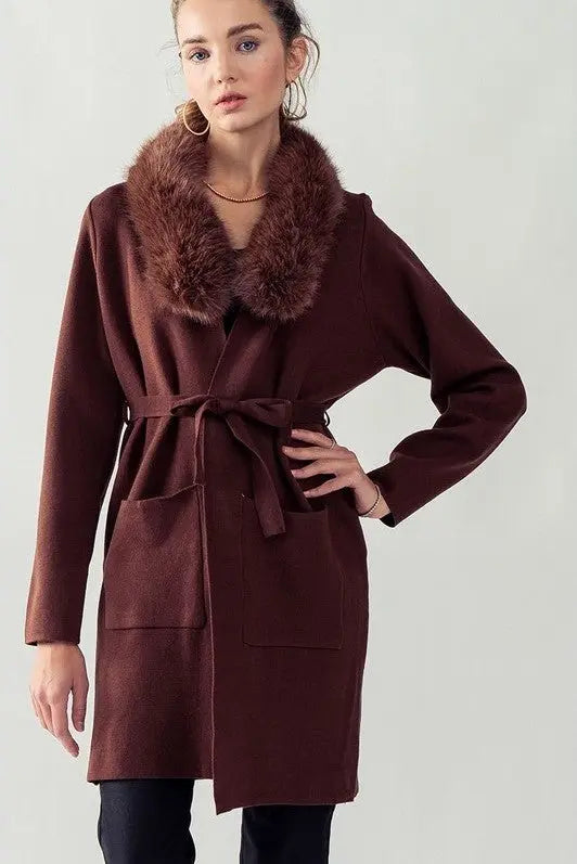 Faux Fur Collar Chocolate Sweater Coat - Shop Tiny Details