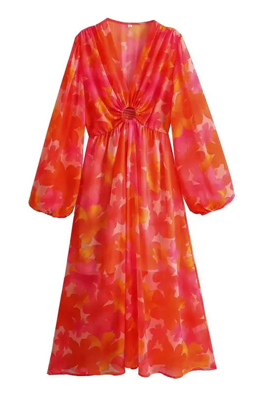 Floral Print Deep V-Neck Dress - The Tiny Details