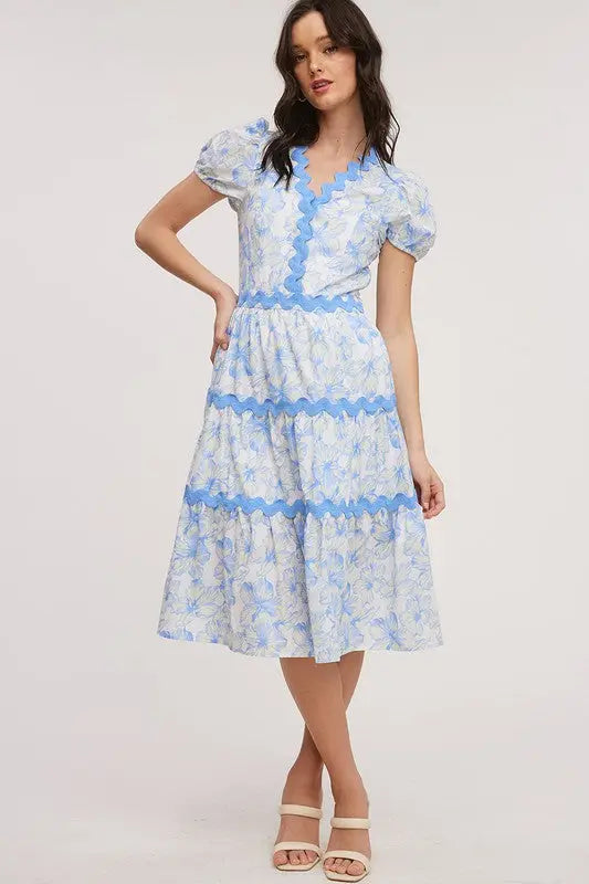 Floral Wavy Trim Midi Dress - The Tiny Details