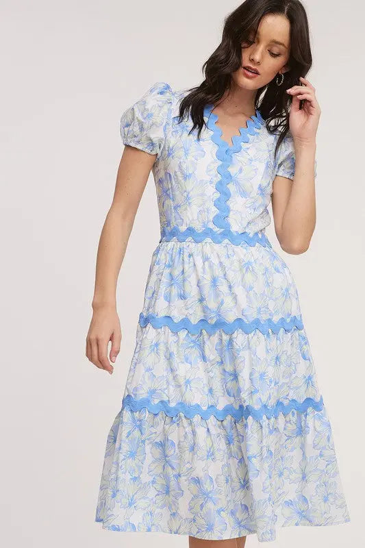Floral Wavy Trim Midi Dress - The Tiny Details