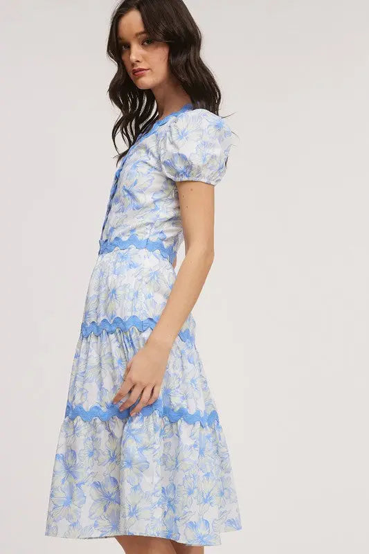 Floral Wavy Trim Midi Dress - The Tiny Details