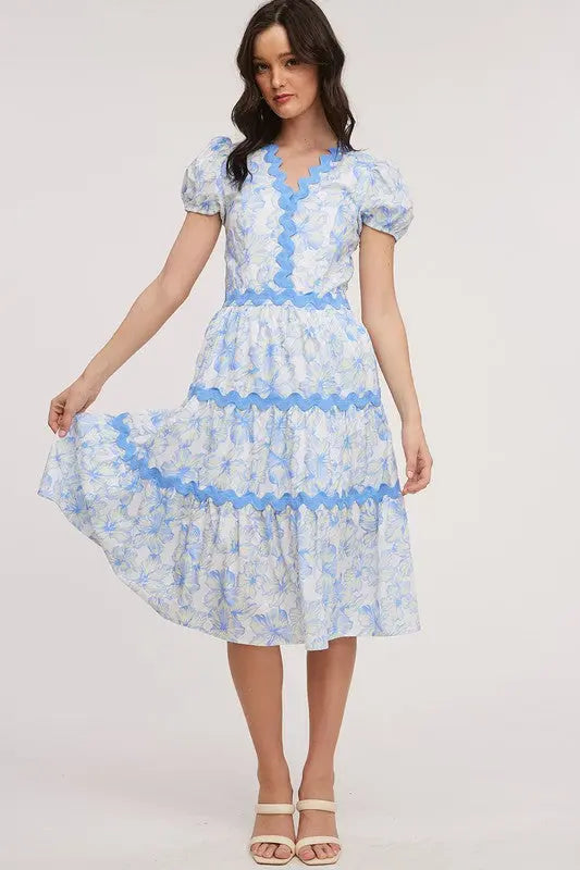 Floral Wavy Trim Midi Dress - The Tiny Details