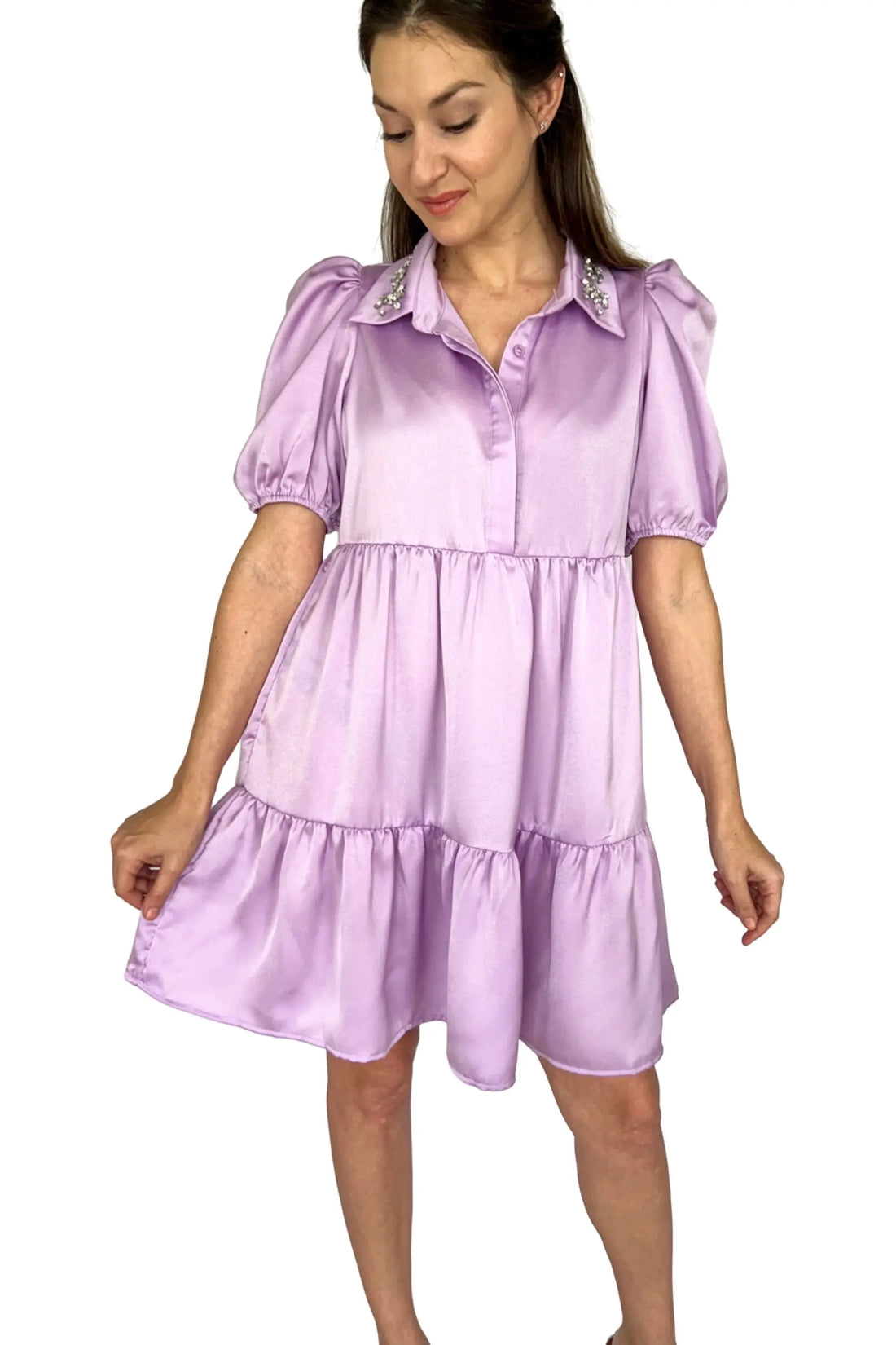 Lavender Shirt Dress with Jeweled Detail Collar Tiny Details The