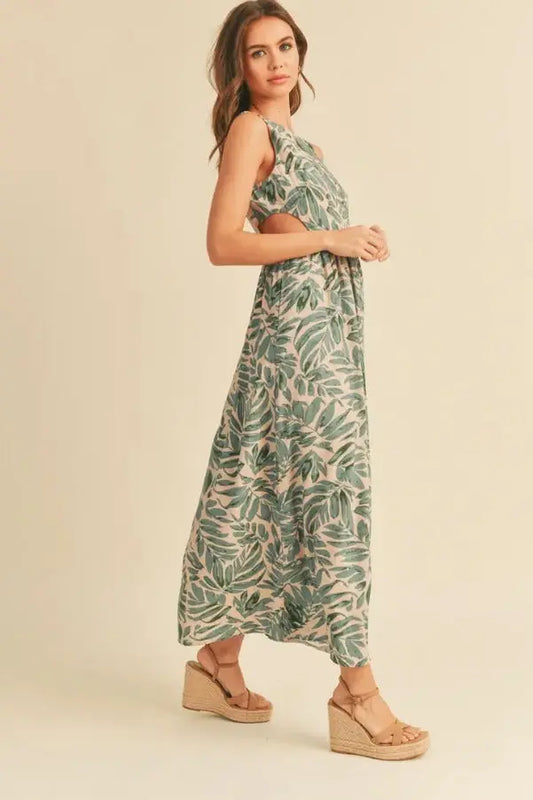 The Tiny Details Leaf Printed Cut-Out Long Dress