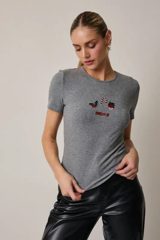Merry Christmas Beaded Rib Tee - The Tiny Details