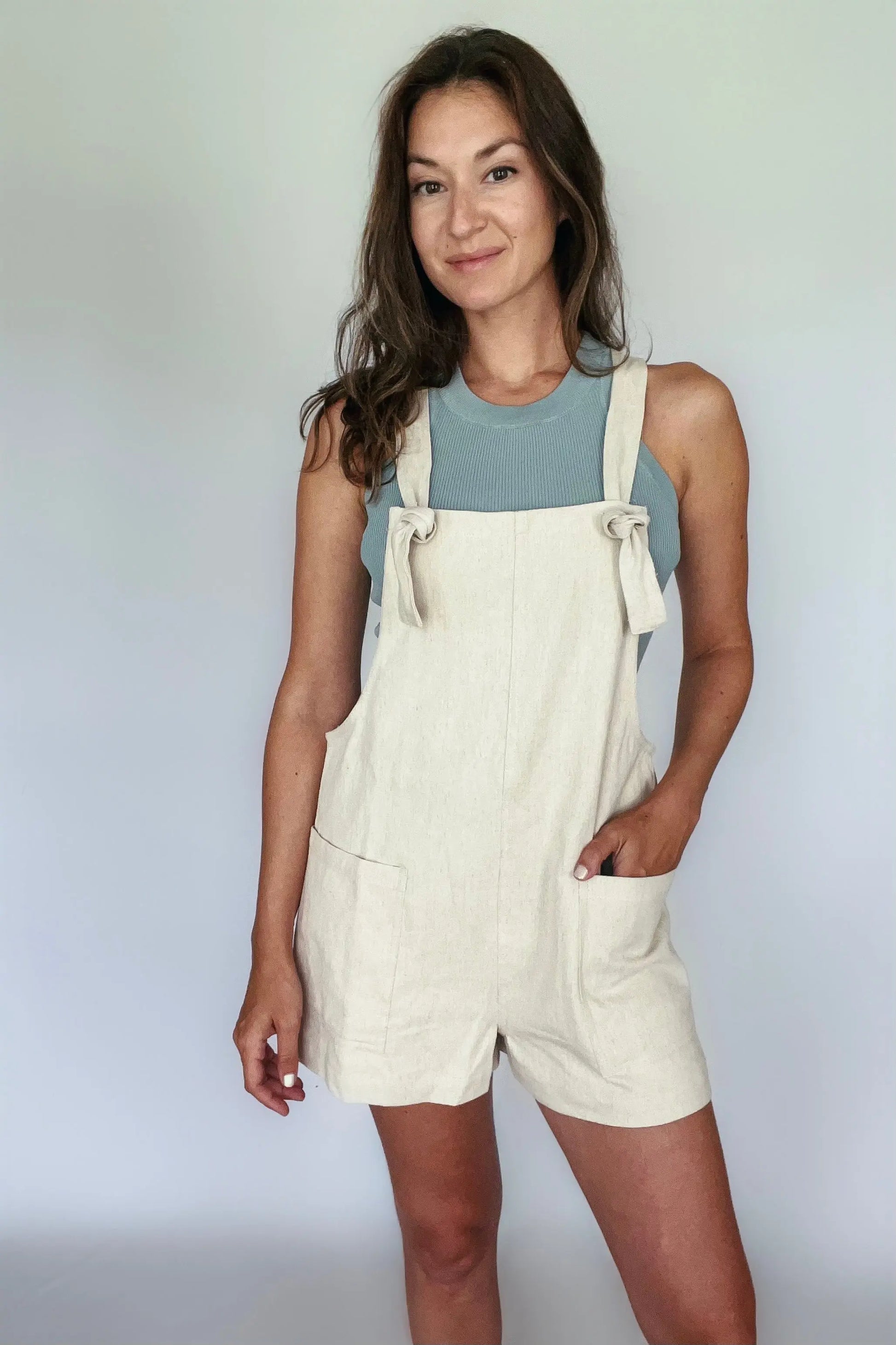 The Tiny Details Neutral Cotton Linen Short Overall