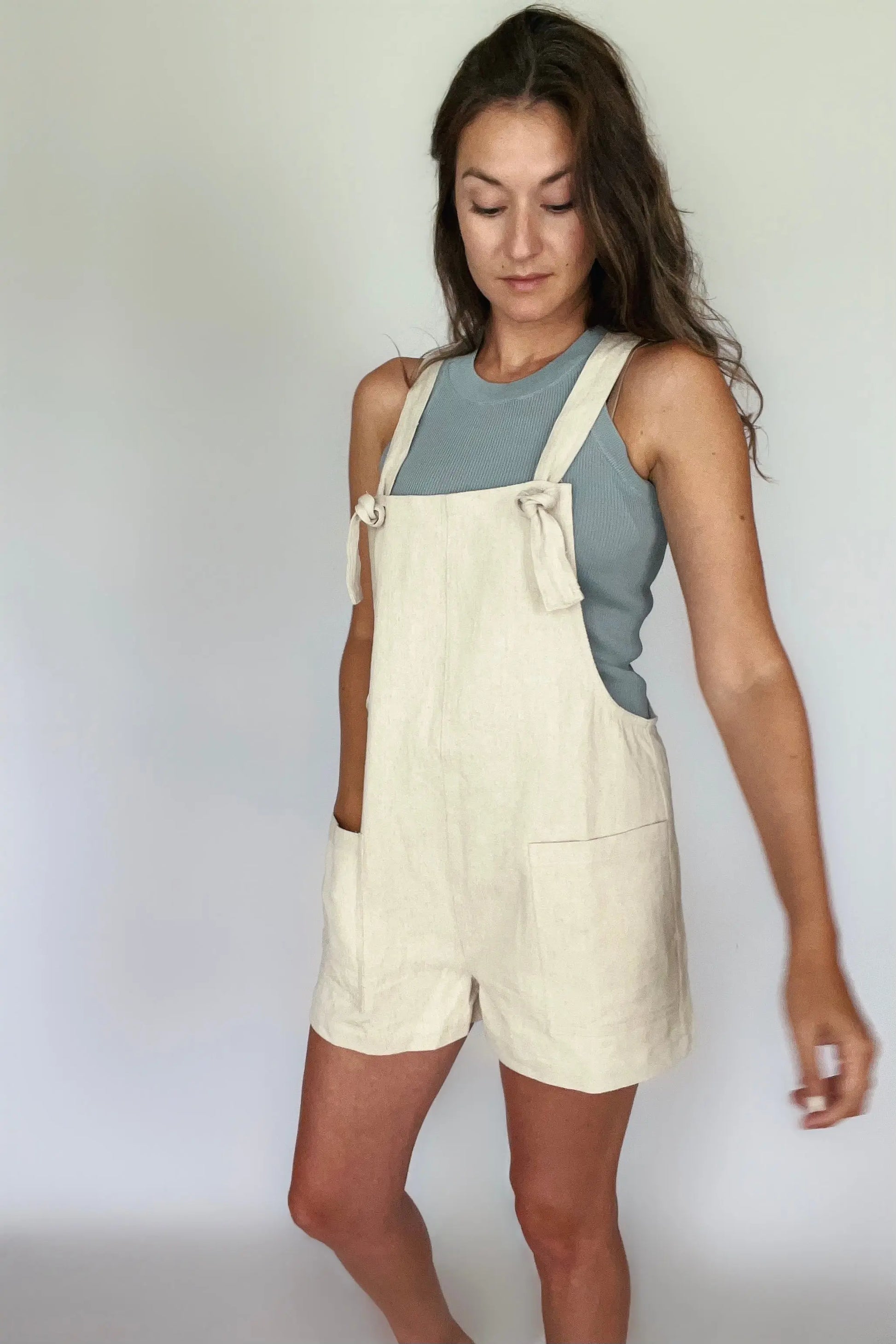 The Tiny Details Neutral Cotton Linen Short Overall