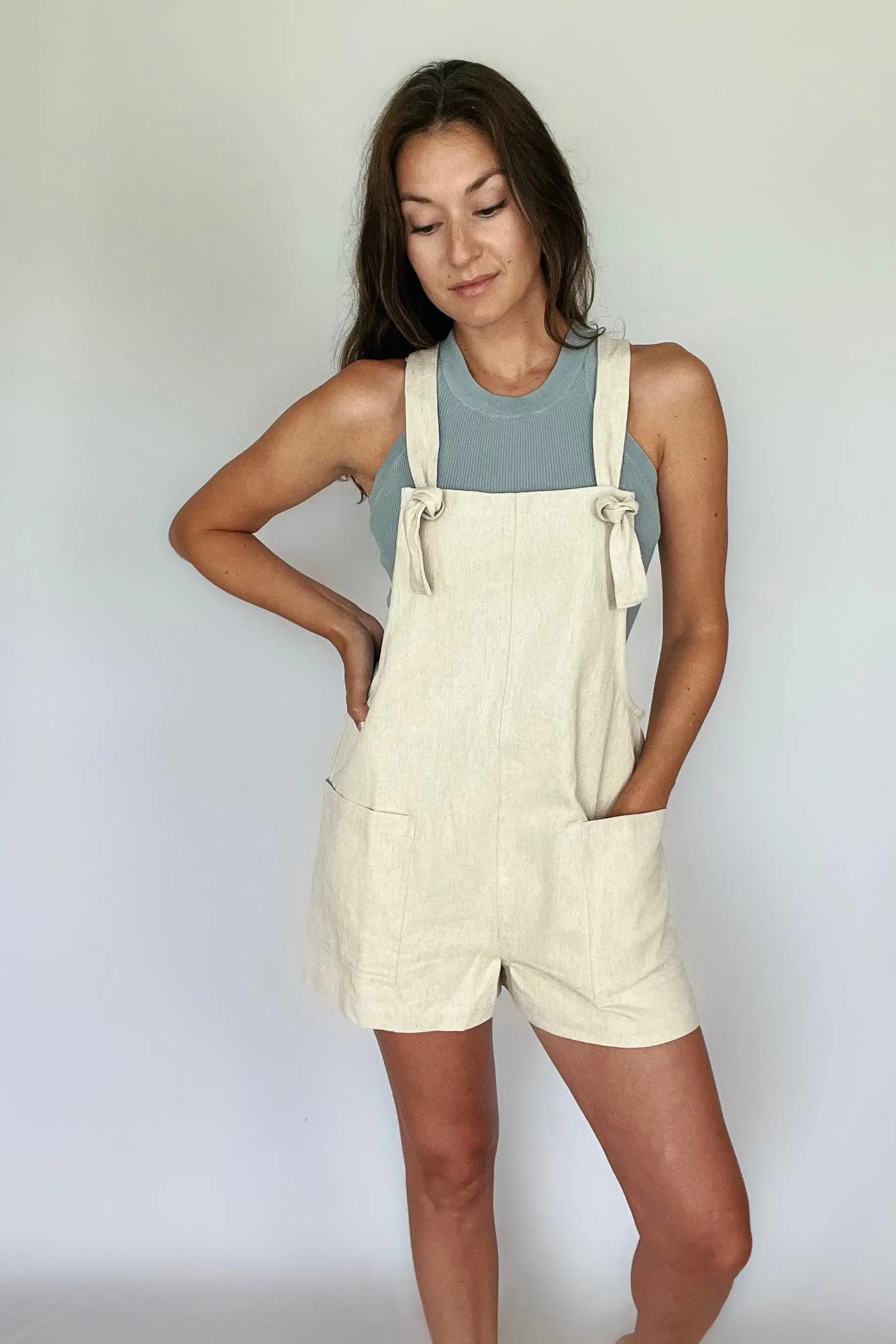 The Tiny Details Neutral Cotton Linen Short Overall