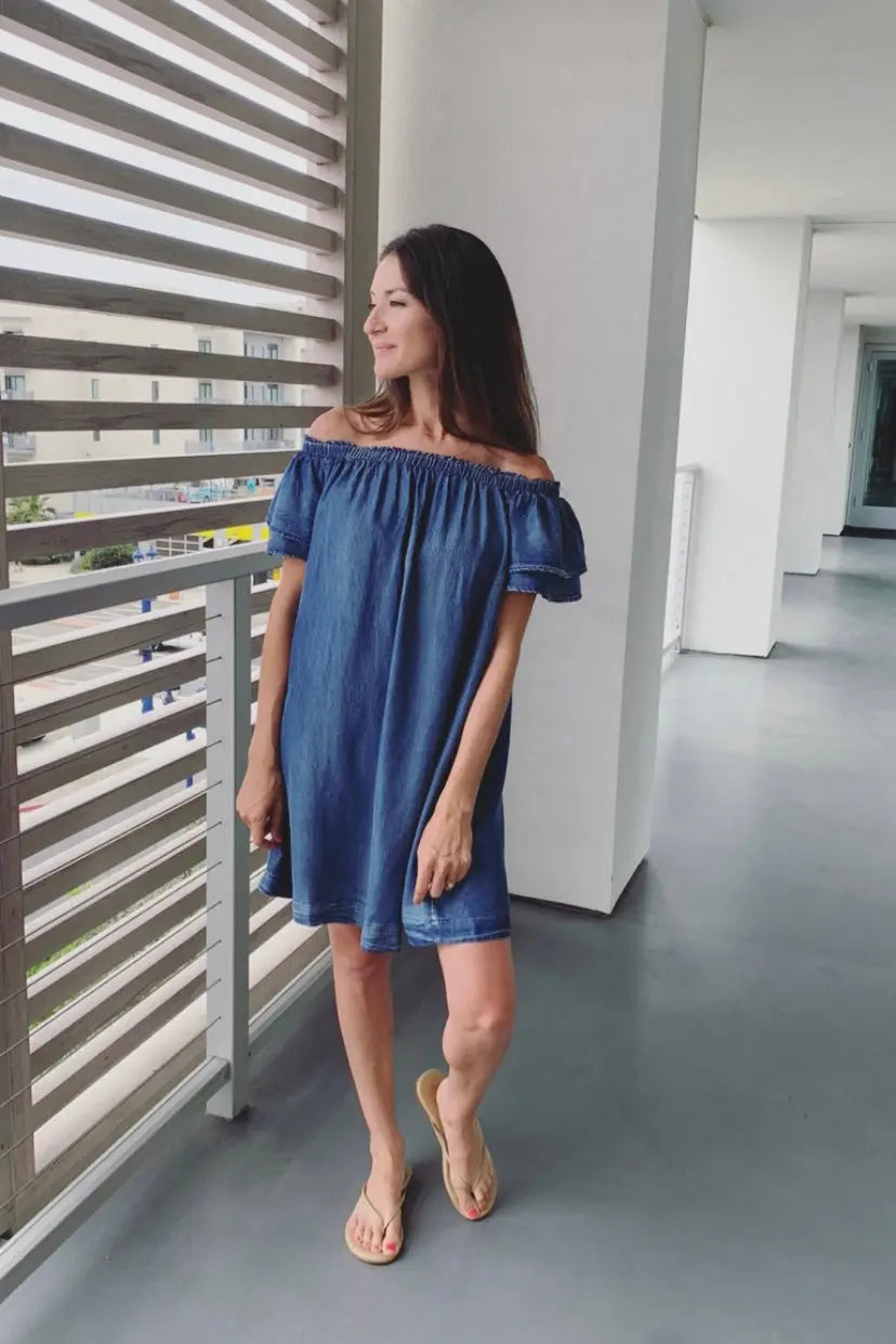 The Tiny Details OTS Flutter Sleeve Woven Chambray Dress