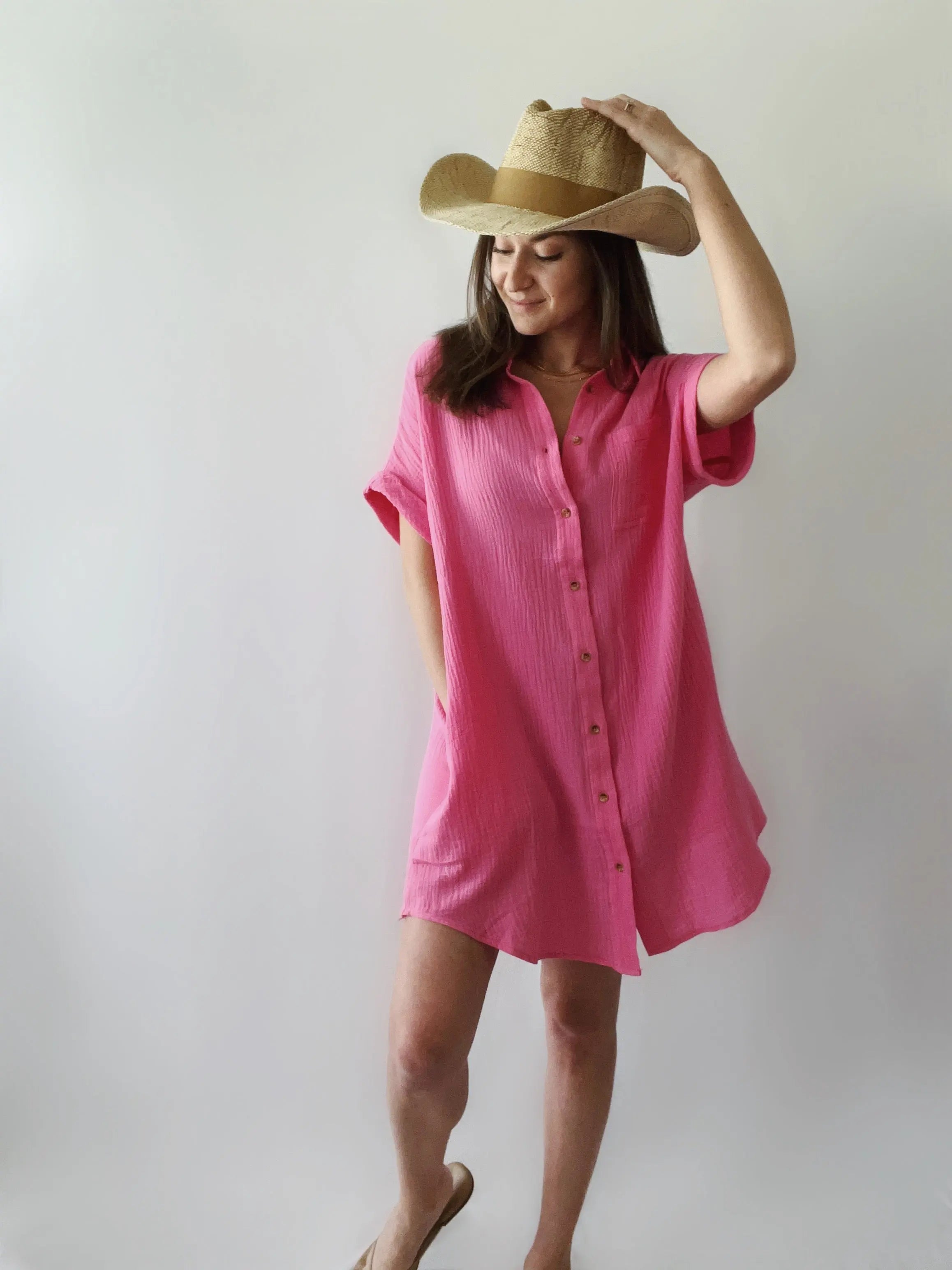 The Tiny Details Pink Button Down Pocket Shirt Dress