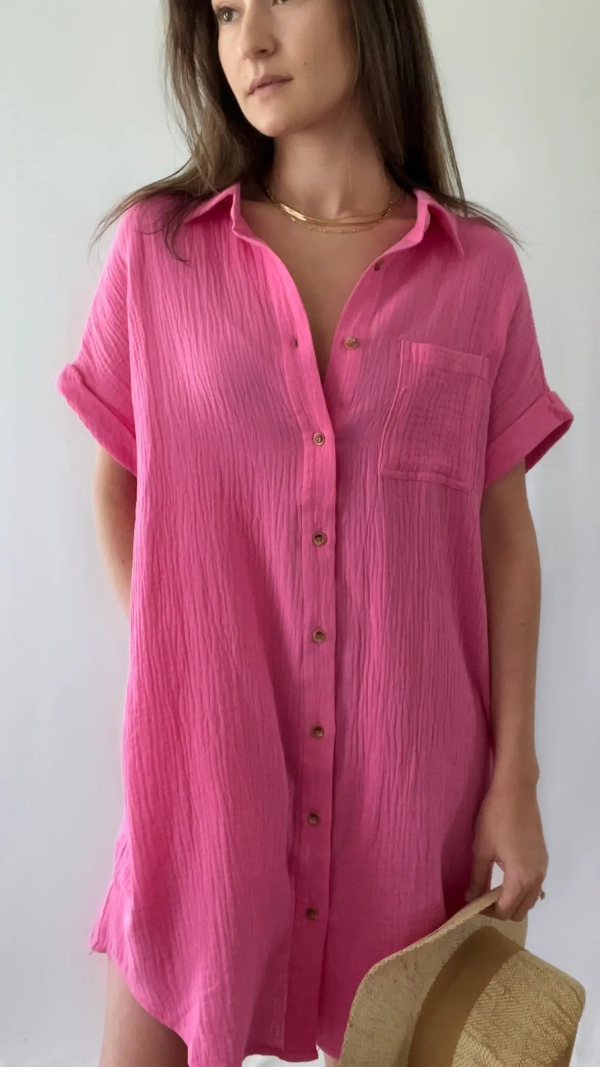 The Tiny Details Pink Button Down Pocket Shirt Dress