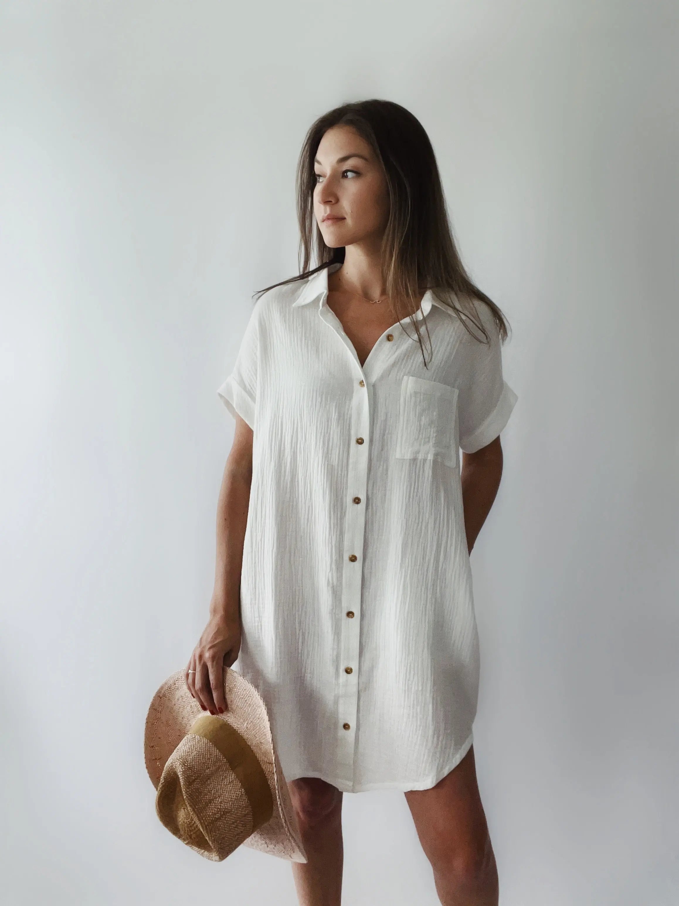The Tiny Details Pocket Ivory Button Down Shirt Dress