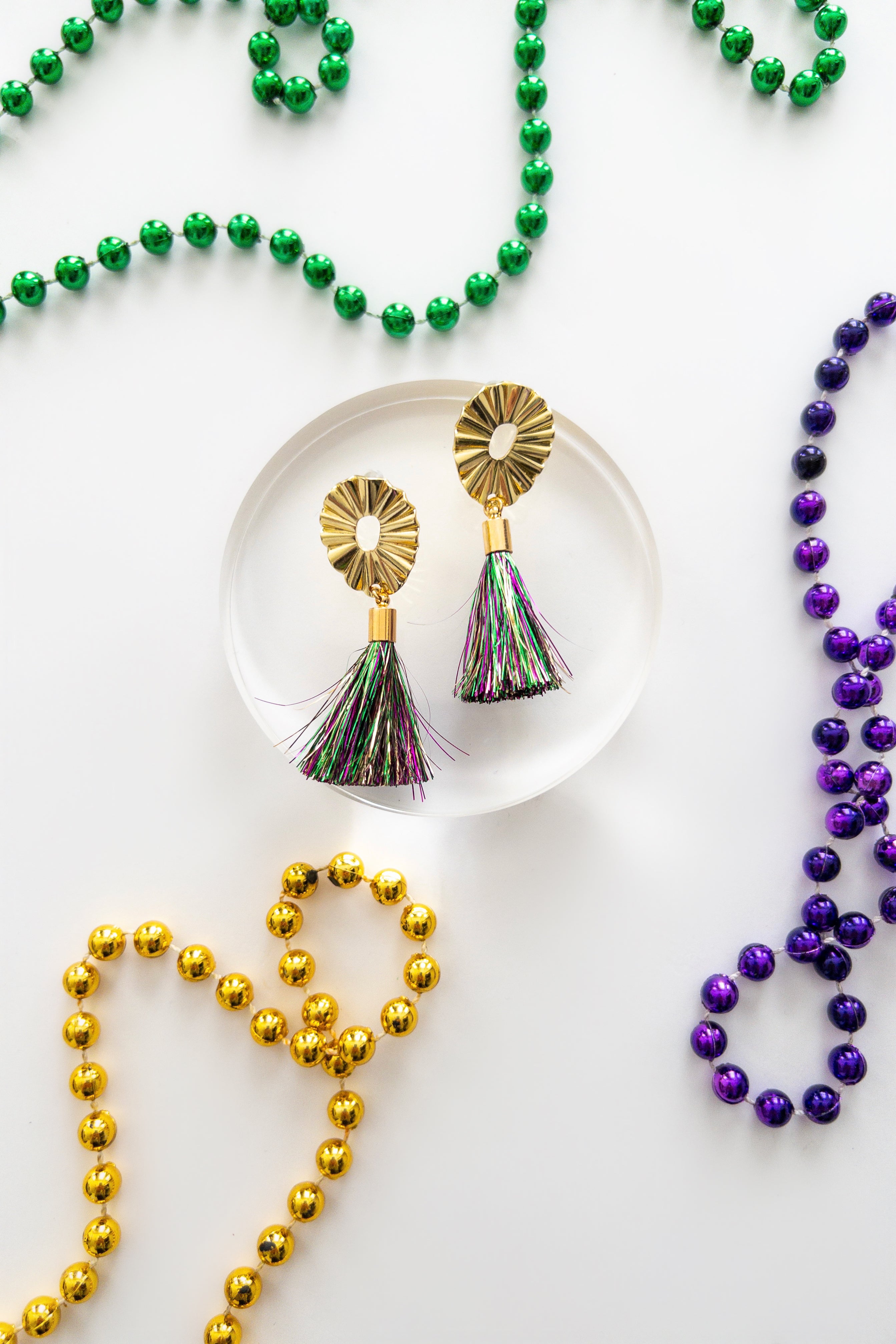 Round Mardi Gras Tinsel Tassel Earrings - The Tiny Details