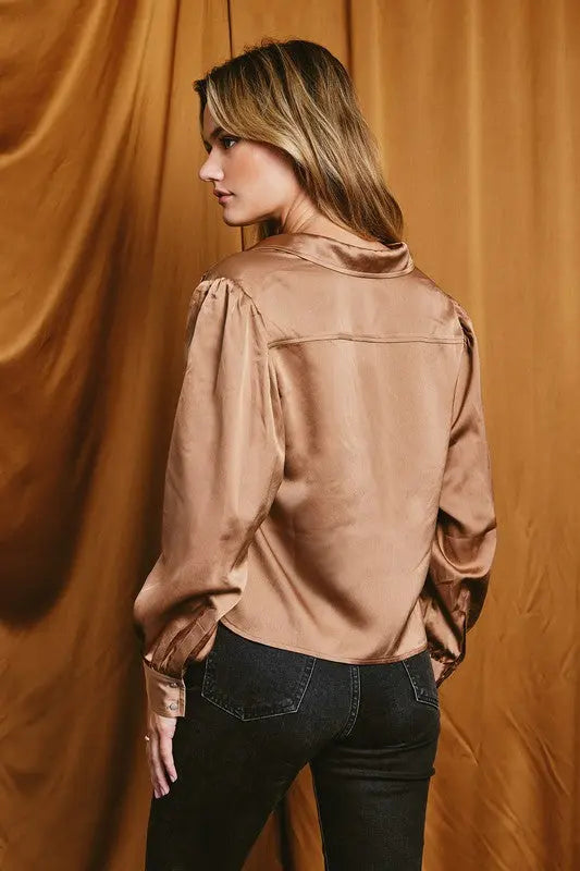 The Tiny Details Satin Bedazzled Button Blouse