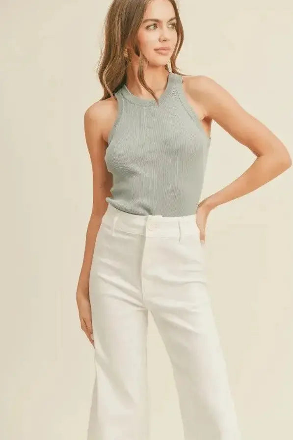 A woman modeling a seafoam classic ribbed tank top