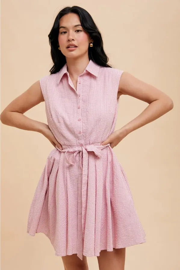 Seersucker Sleeveless Lapel Dress - The Tiny Details