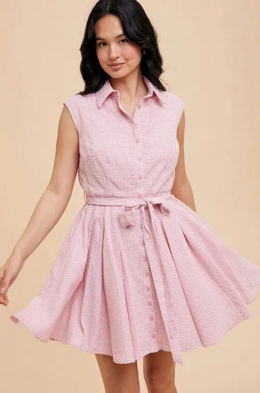 Seersucker Sleeveless Lapel Dress - The Tiny Details