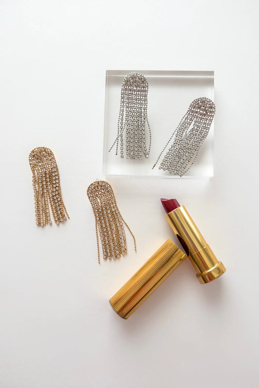 The Tiny Details Silver Arch Rhinestone Chain Fringe Earrings