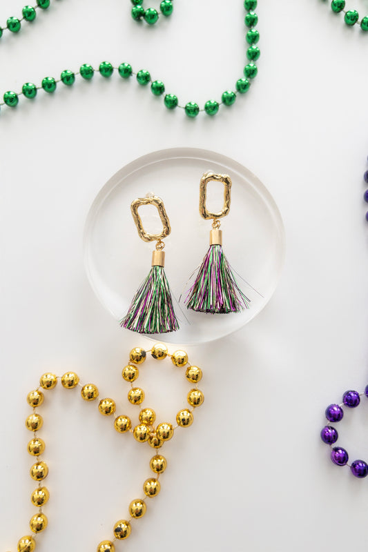 Square Mardi Gras Tinsel Tassel Earrings - The Tiny Details