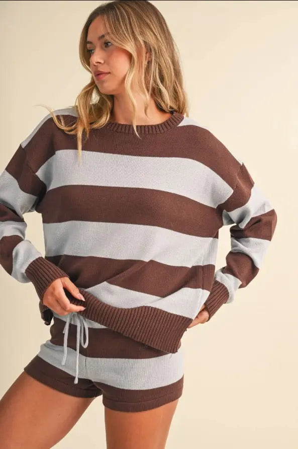 The Tiny Details Striped Slouchy Pullover Sweater and Shorts Set