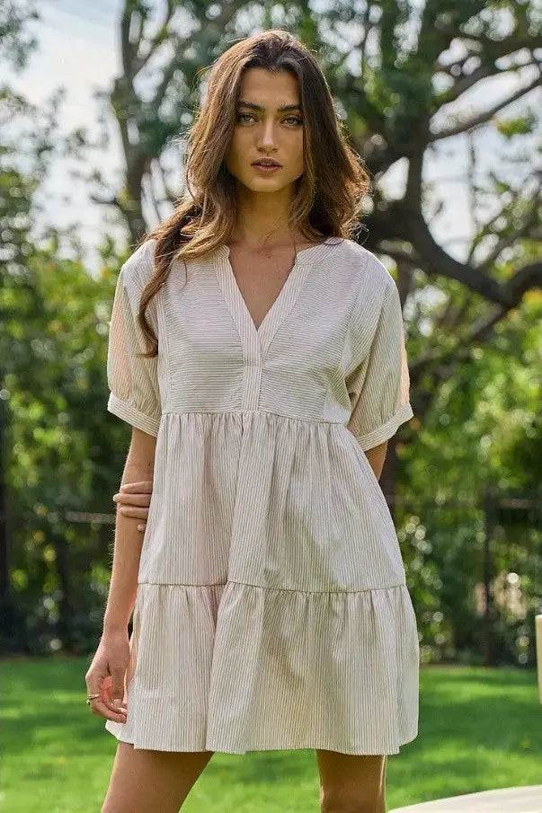 The Tiny Details Striped V-Neck Tiered Baby Doll Dress