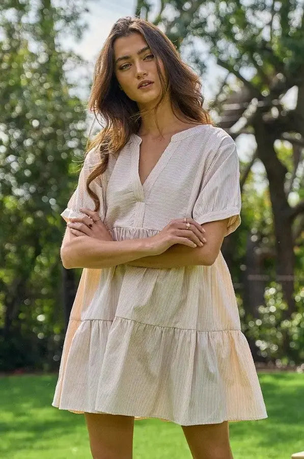 The Tiny Details Striped V-Neck Tiered Baby Doll Dress