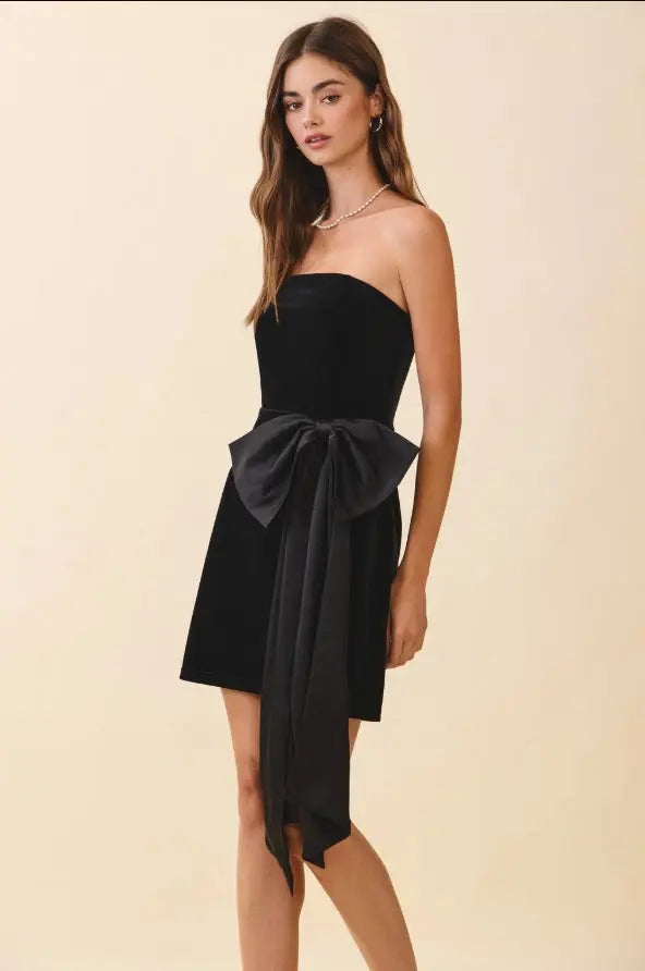 Velvet Oversized Bow Detail Strapless Dress