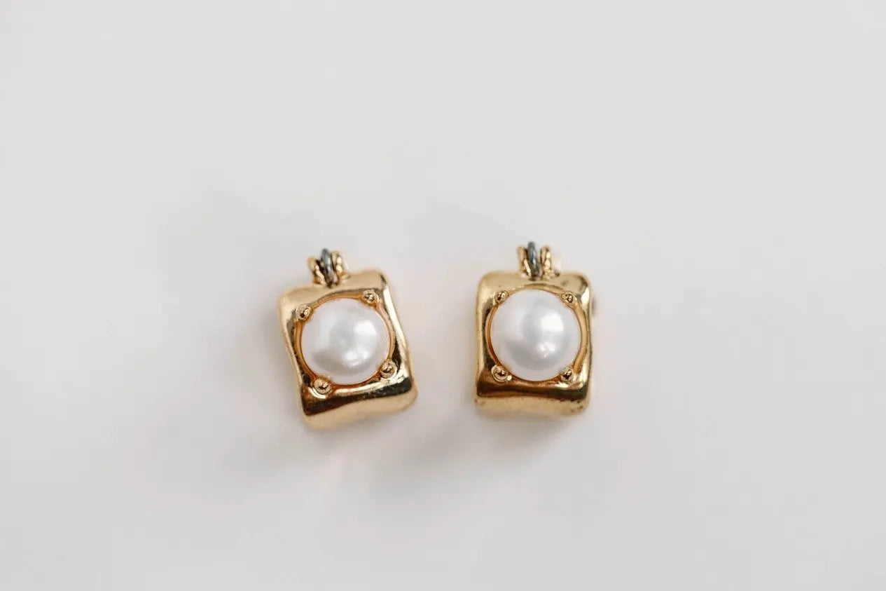Vintage Mini Square Gold Pearl Huggie Earrings - The Tiny Details