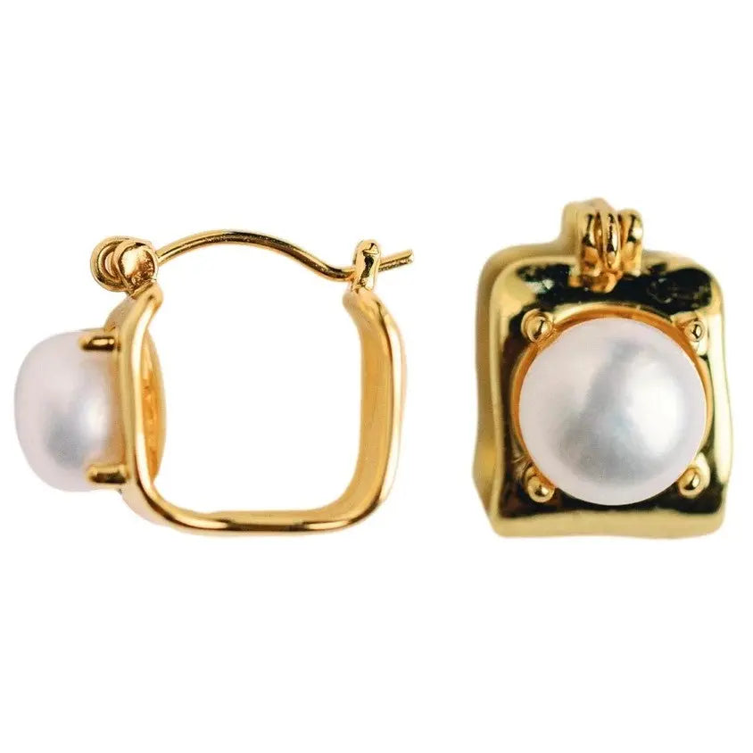 Vintage Mini Square Gold Pearl Huggie Earrings - The Tiny Details