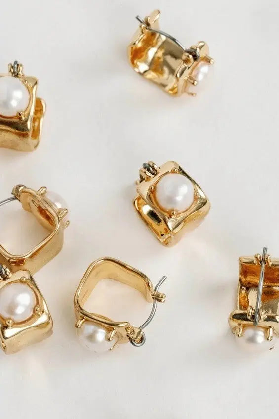 Vintage Mini Square Gold Pearl Huggie Earrings - The Tiny Details