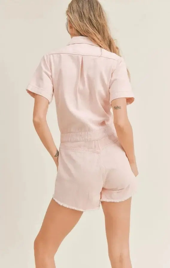 The Tiny Details Washed Pink Adventurer Denim Romper