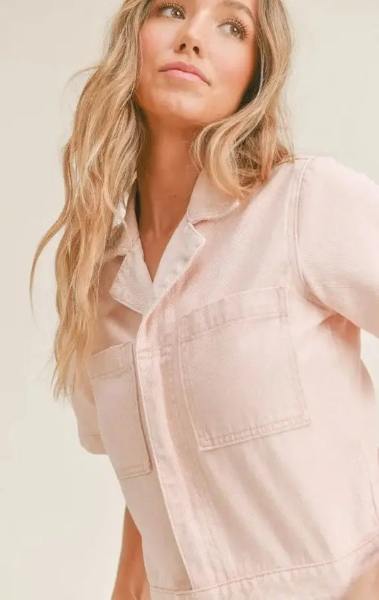 The Tiny Details Washed Pink Adventurer Denim Romper
