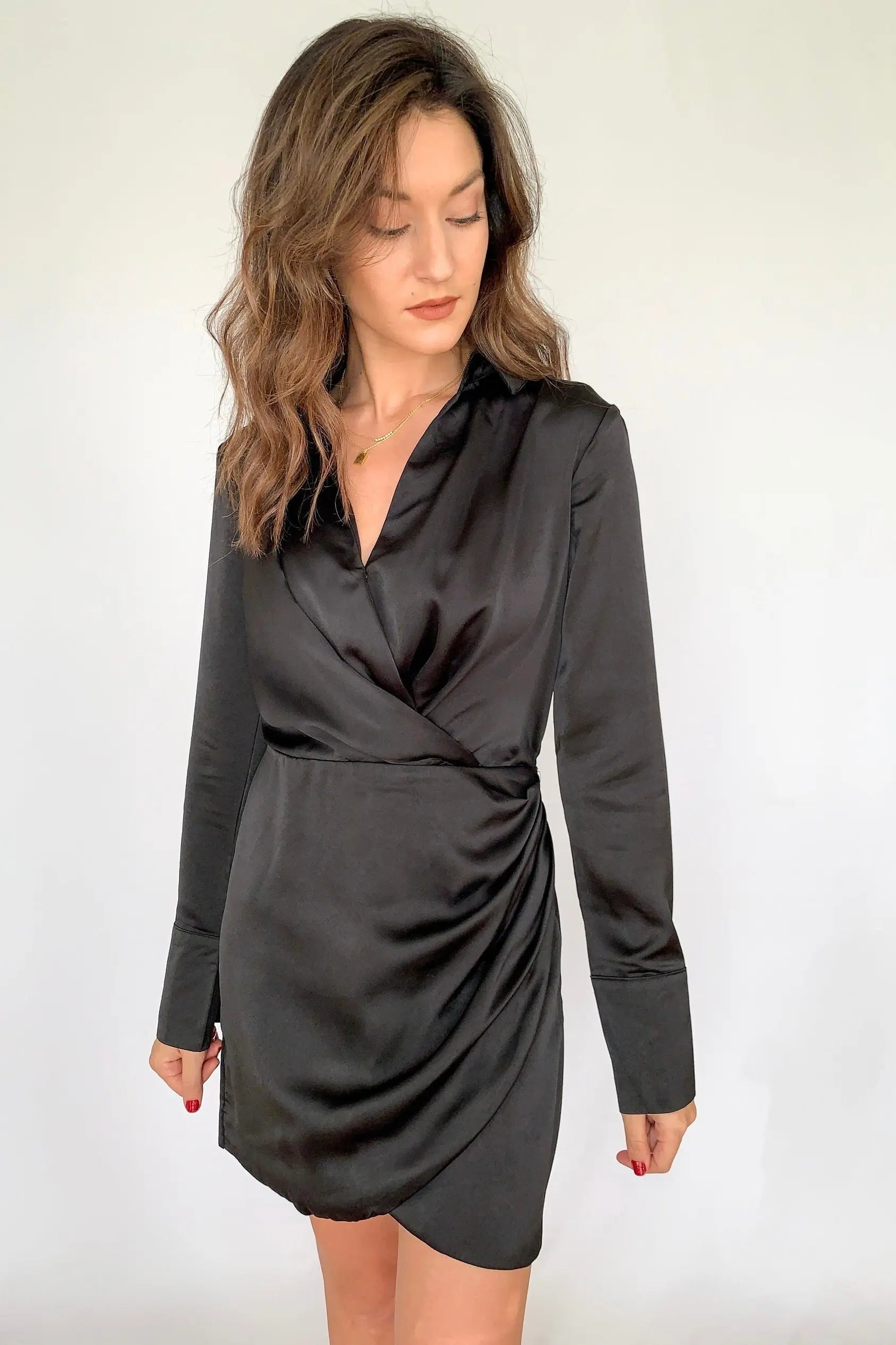 Black Collared Long Sleeve Short Wrap Dress | Tiny Details MEDIUM Black Collared Long Sleeve Short Wrap Dress | Tiny Details MEDIUM