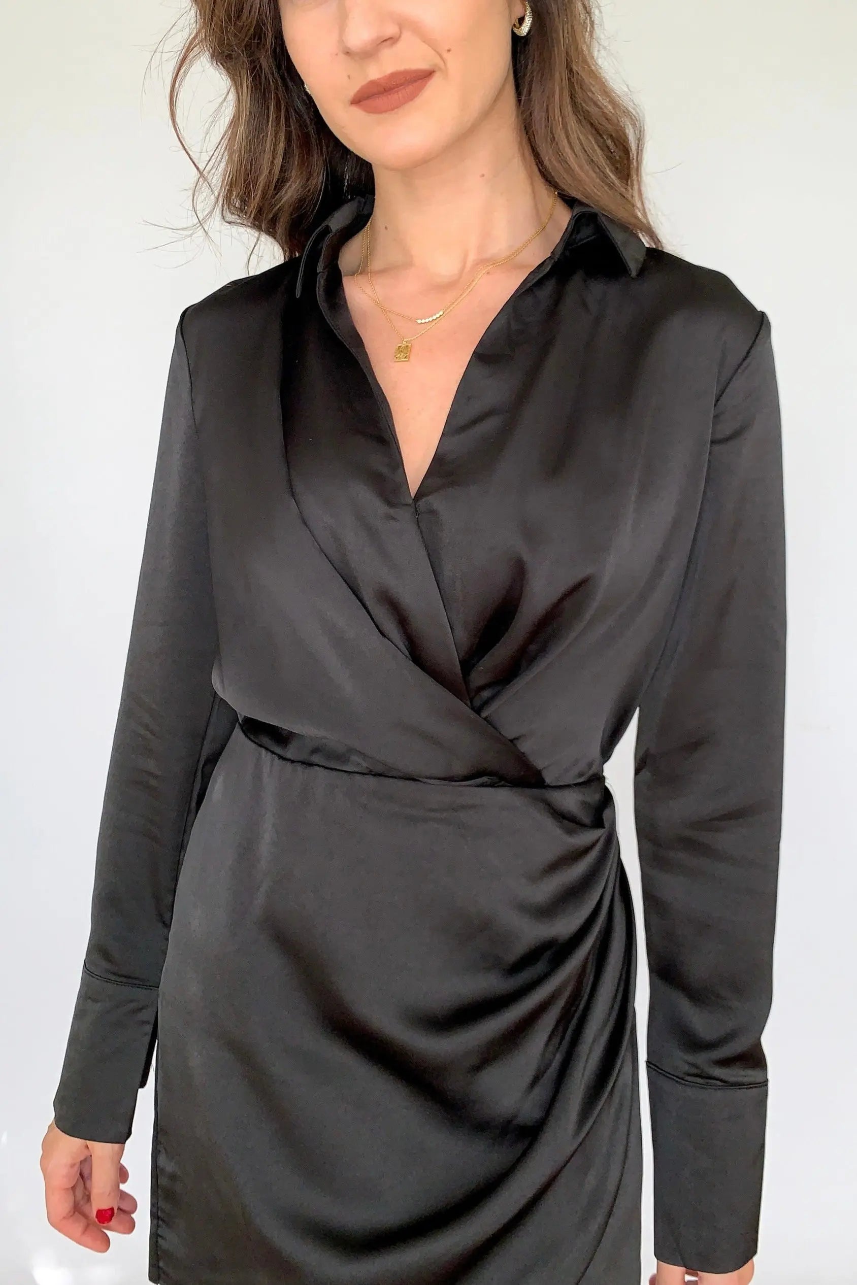 The Tiny Details Black Collared Long Sleeve Short Wrap Dress