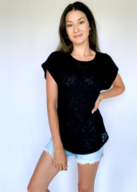 The Tiny Details Black Cuffed Short Sleeve Tee