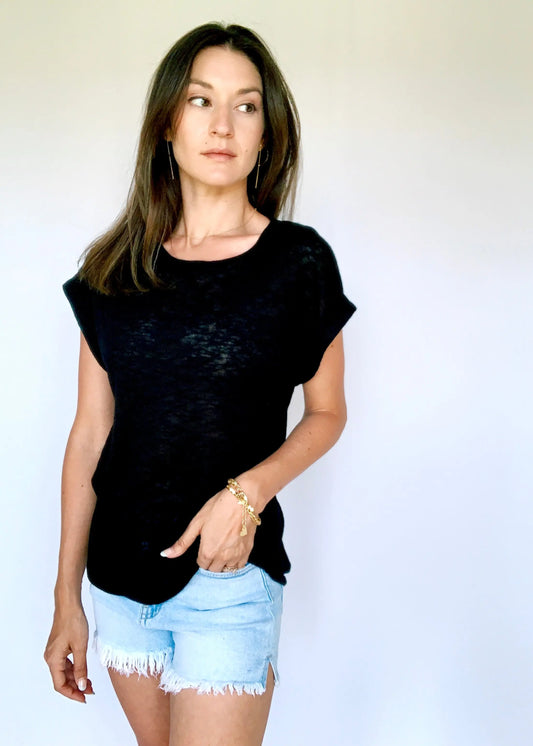 The Tiny Details Black Cuffed Short Sleeve Tee