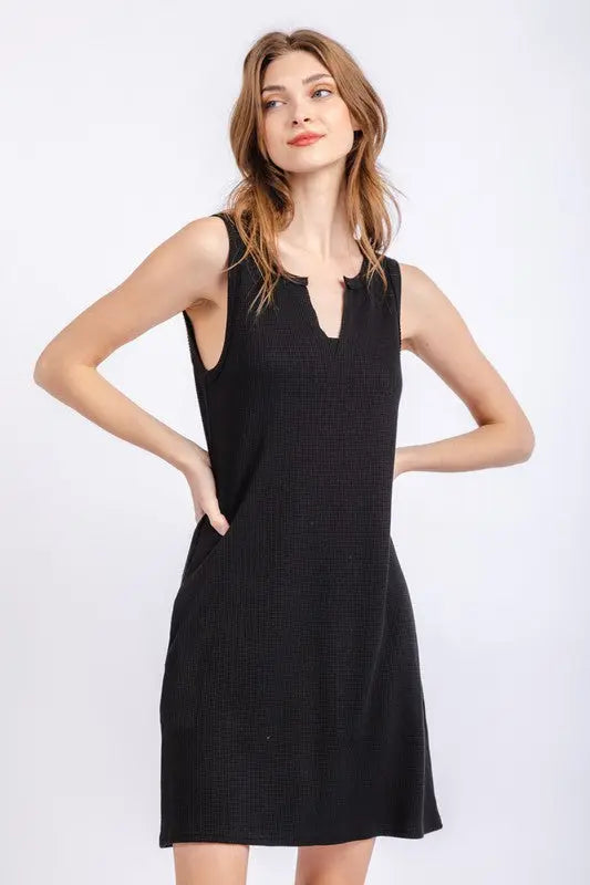 The Tiny Details Black Solid Waffle Knit Sleeveless Dress