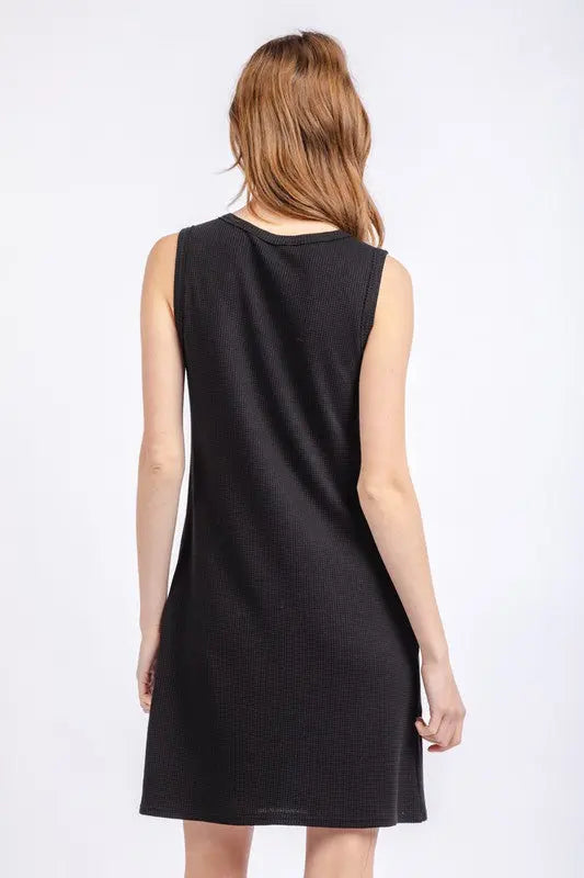 The Tiny Details Black Solid Waffle Knit Sleeveless Dress