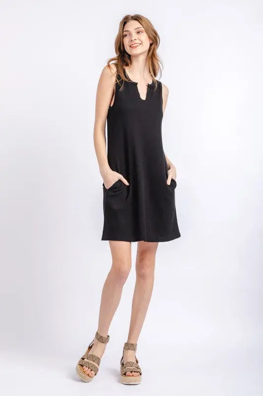 The Tiny Details Black Solid Waffle Knit Sleeveless Dress