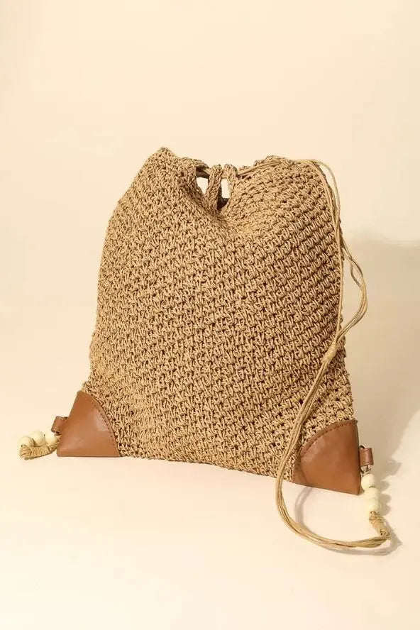 The Tiny Details Black Straw Braided Fashion Drawstring Backpack