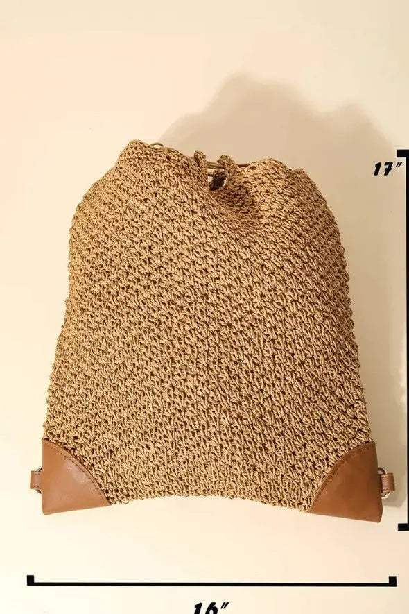 The Tiny Details Black Straw Braided Fashion Drawstring Backpack