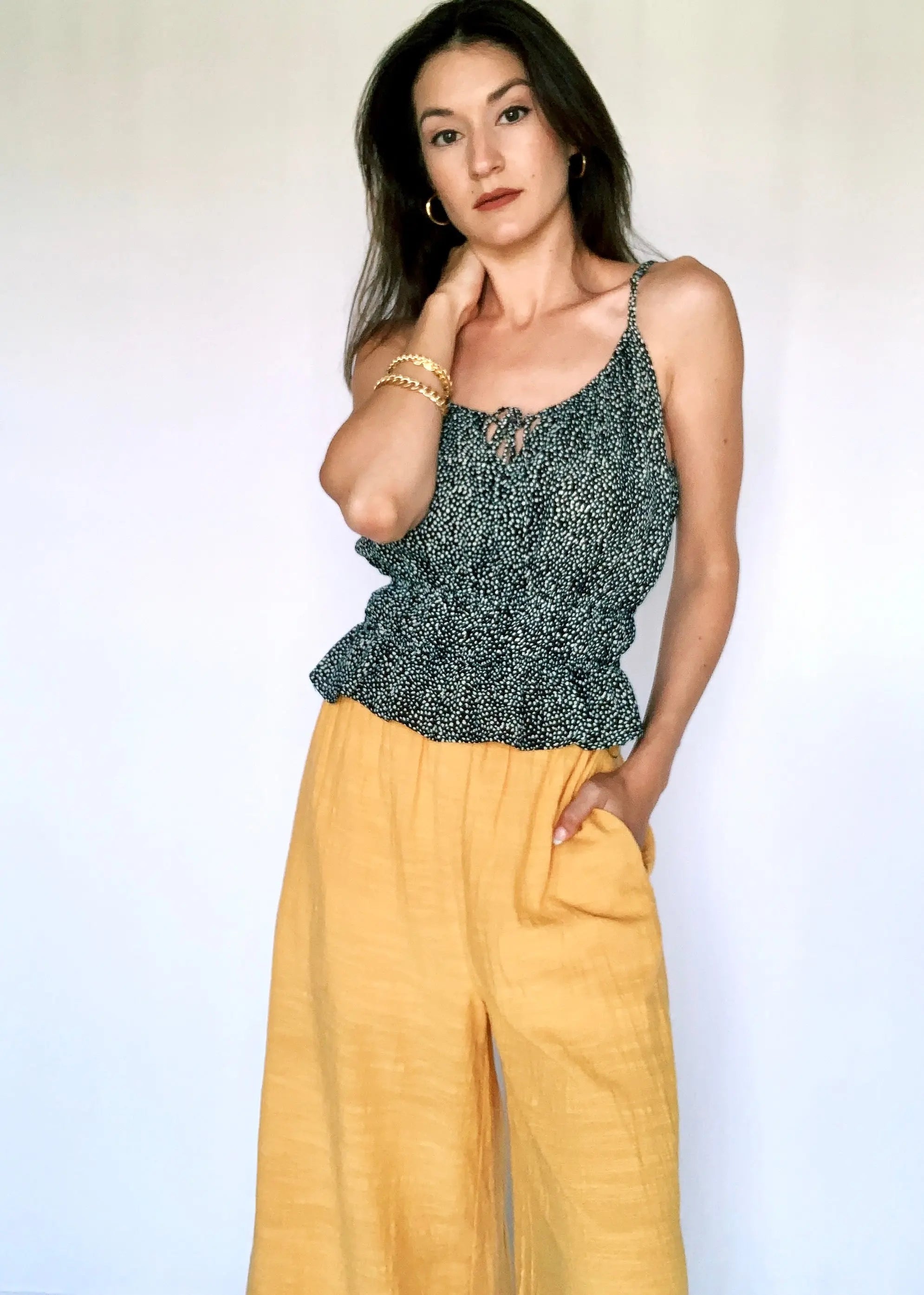 The Tiny Details Black & White Printed Smocked Waist Cami Top