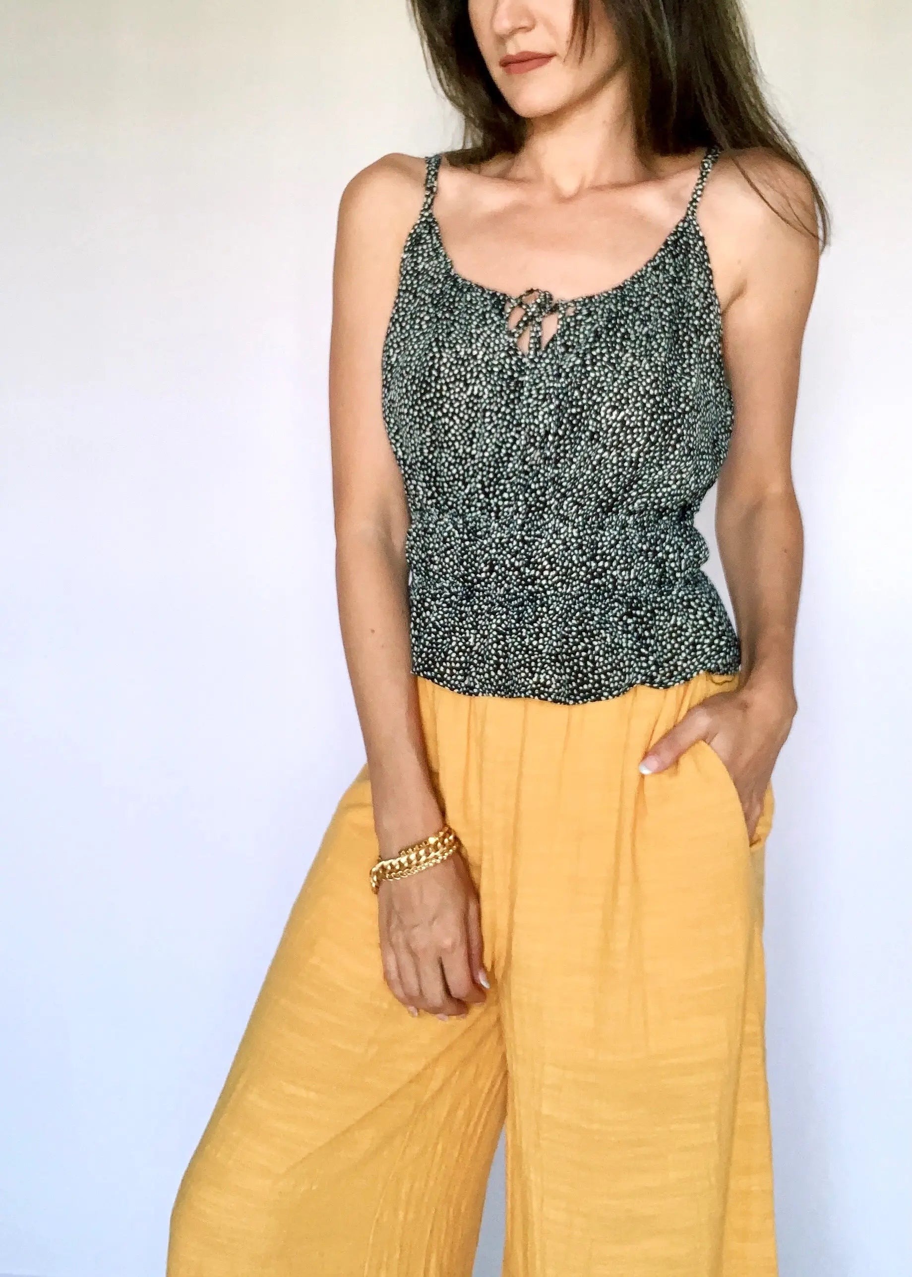 The Tiny Details Black & White Printed Smocked Waist Cami Top