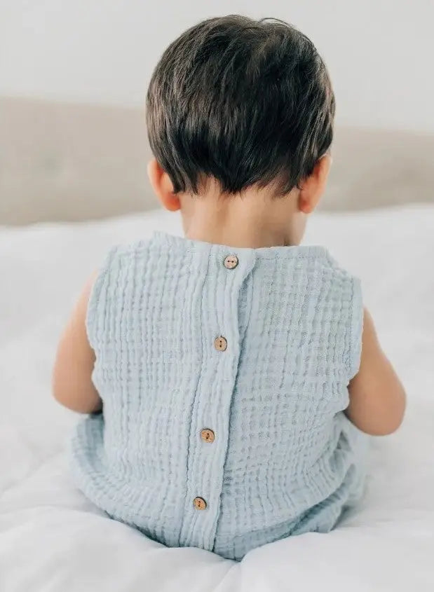 The Tiny Details Blue Coco Muslin Onesie 12-18MO