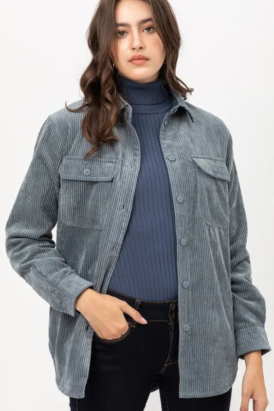 The Tiny Details Blue Corduroy Reversible Button Down Jacket