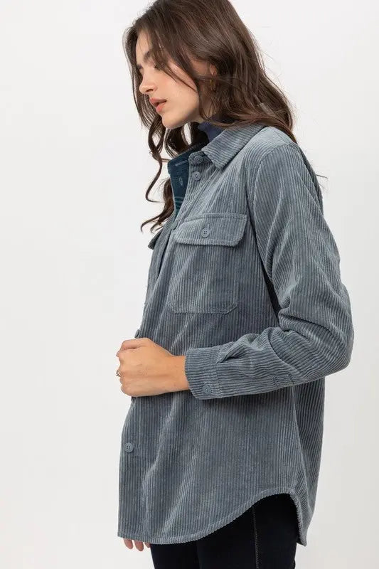 The Tiny Details Blue Corduroy Reversible Button Down Jacket